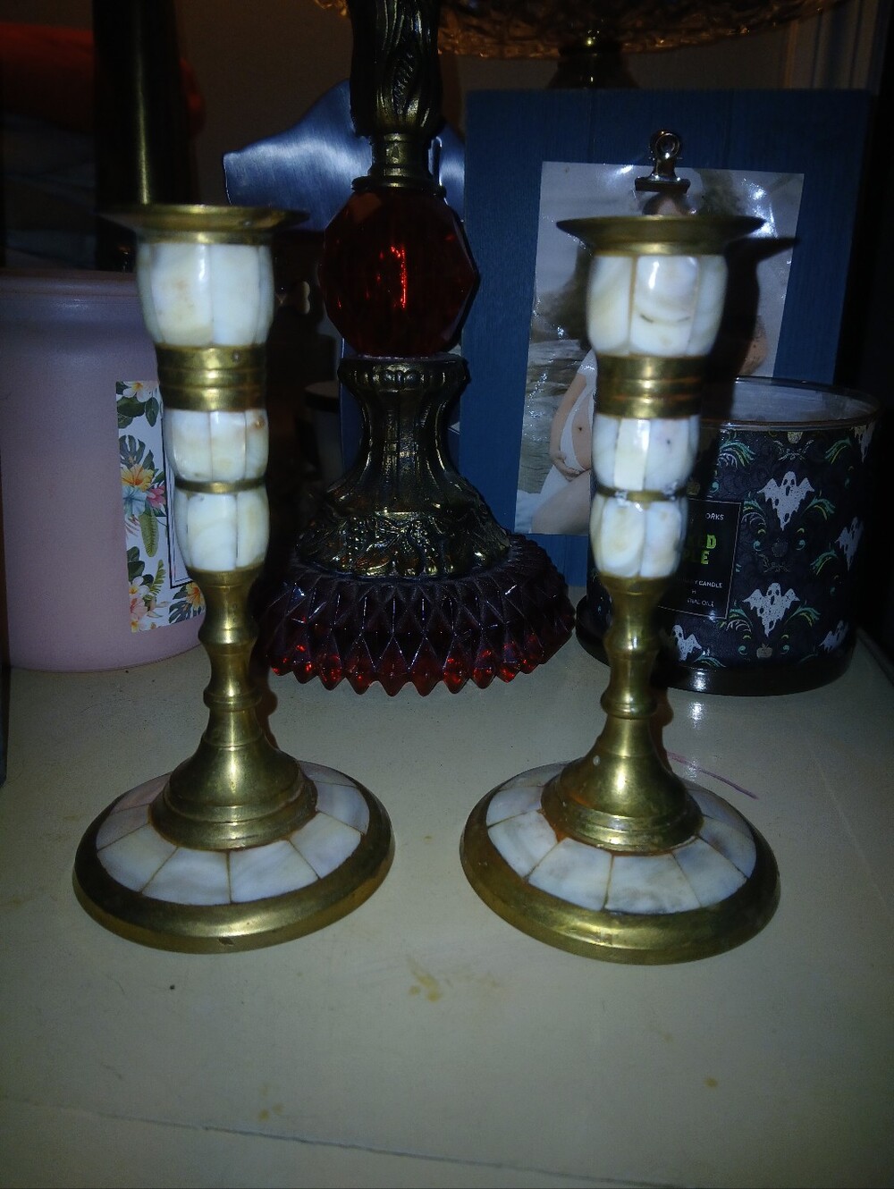 Beautiful Vintage Pair Of Brass And Mother Of Pearl Candlesticks/Candle Holders